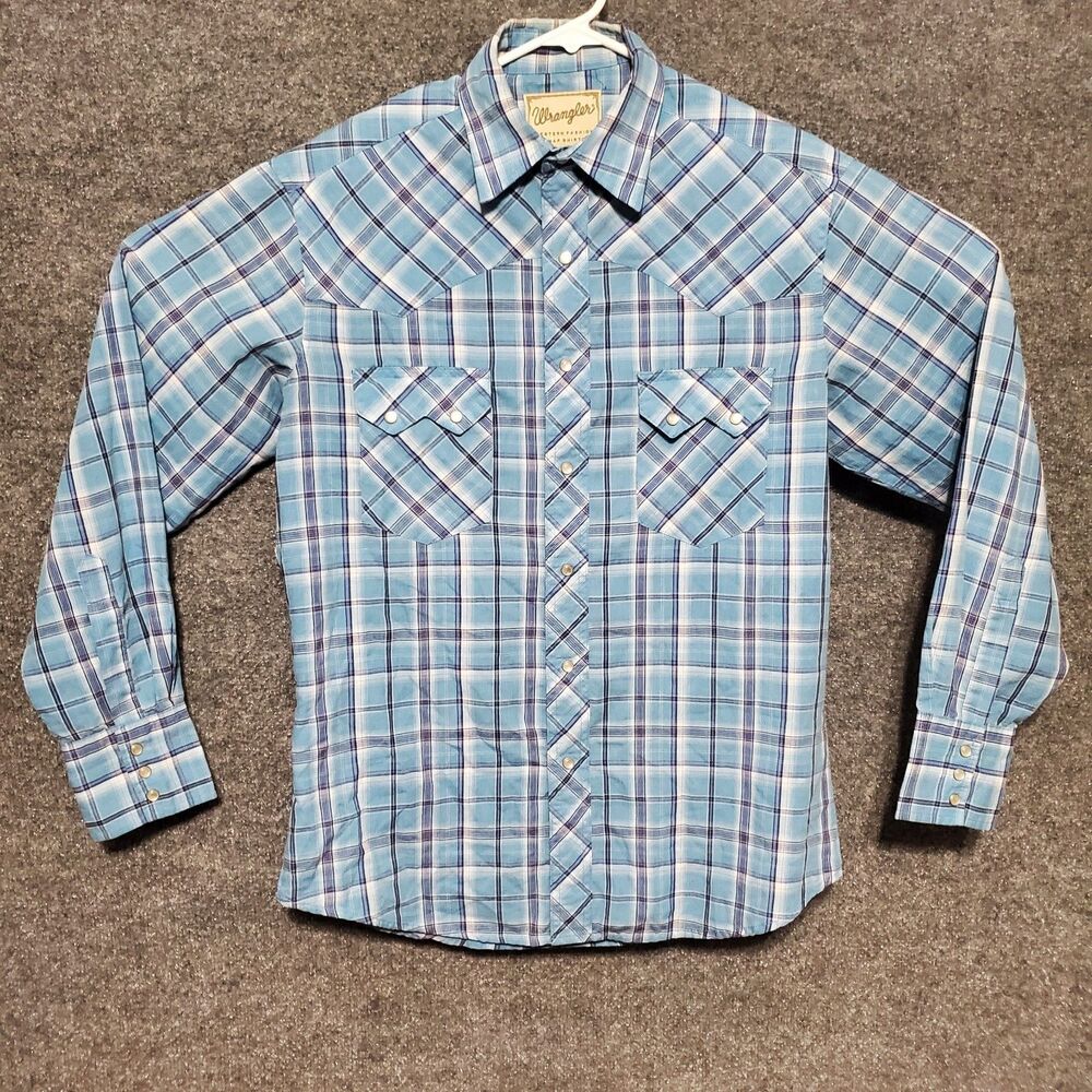 Wrangler Shirt Mens Medium Blue Plaid Western Pearl Snap Long Sleeve Cowboy Y2K